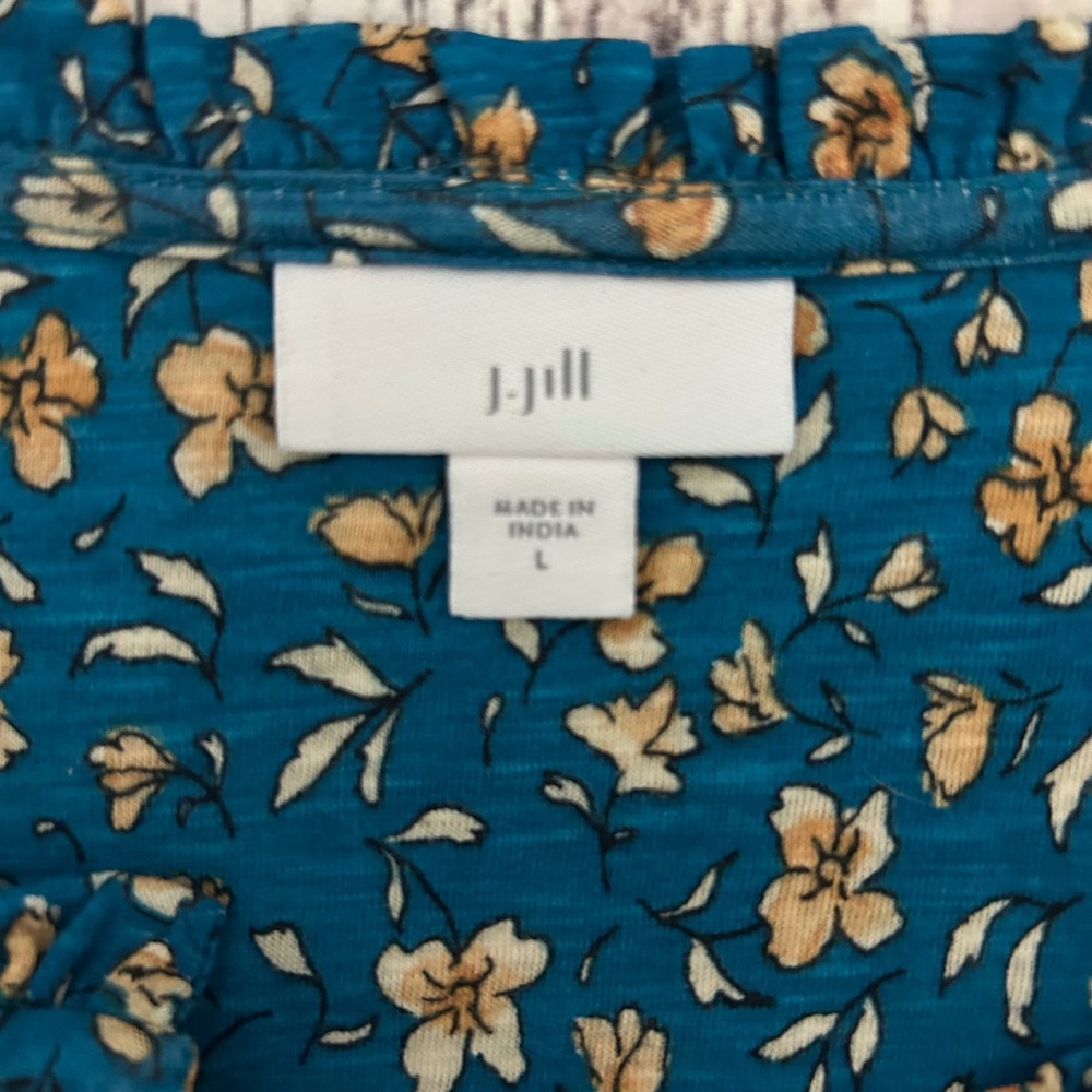 J. Jill Teal Floral Pintuck V-Neck Blouse Cotton Tencel Modal L Long Sleeve - Picture 5 of 9